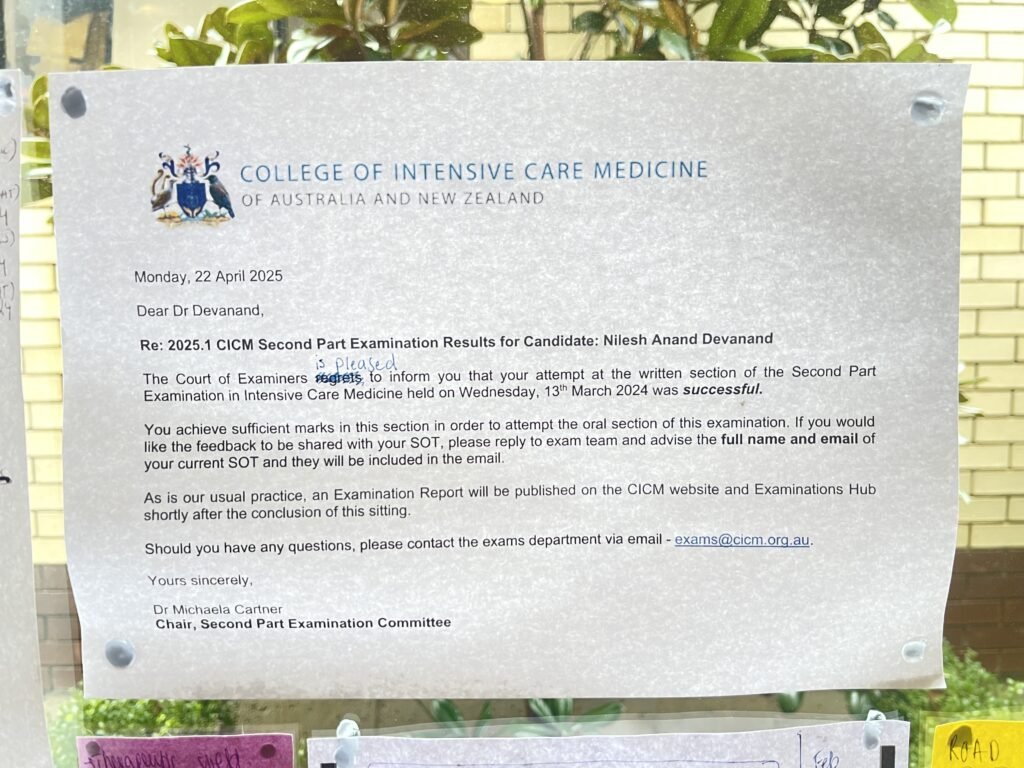 I scanned my previous FCICM Fellowship exam result report and amended it to 'visualize' my expected result. I pasted it on the window in my office and would use it to motivate me. Note: it wasn't perfect. I also got the date wrong. 